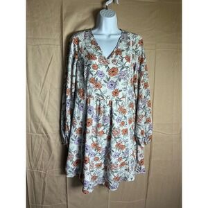 DOKOTOO Floral Print V Neck Long Sleeve Mini Dress Women Size M